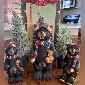 Festive Black Bear Figurine Set with Colorful Scarves